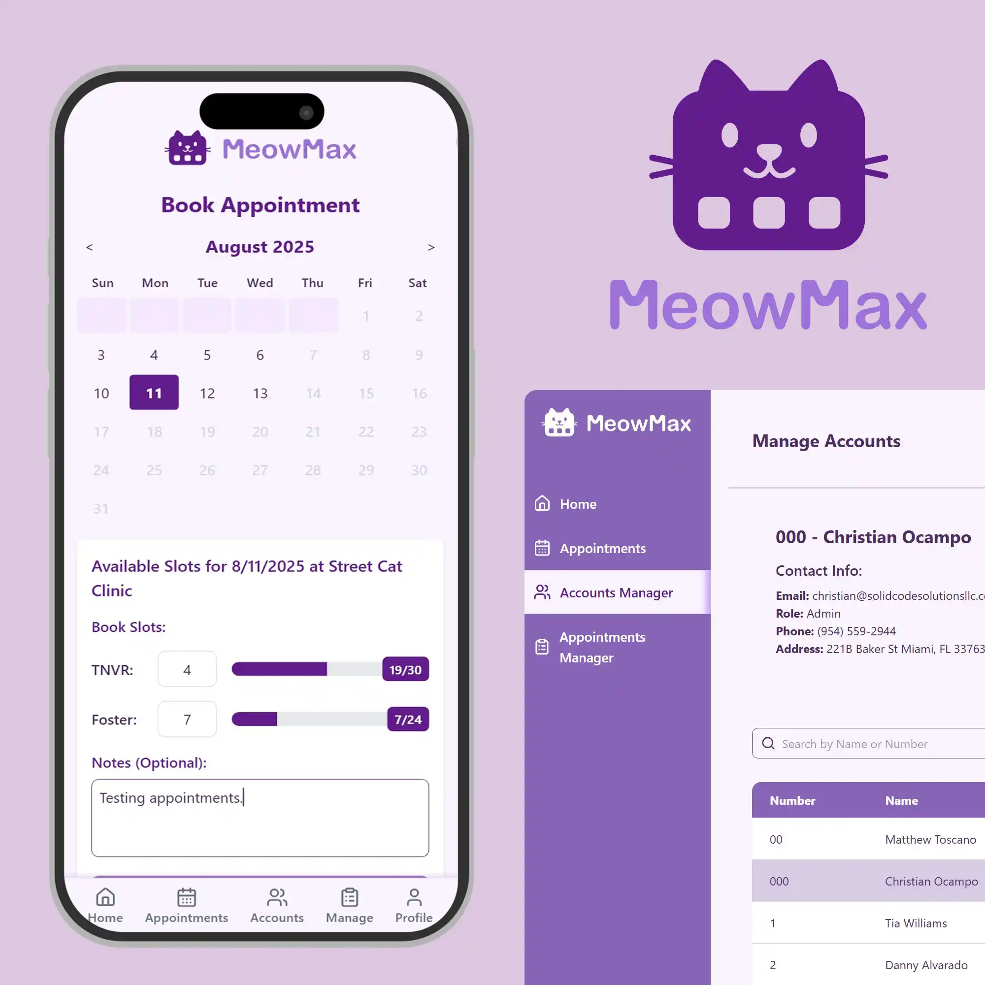 Meow Max mobile booking calendar and admin accounts manager