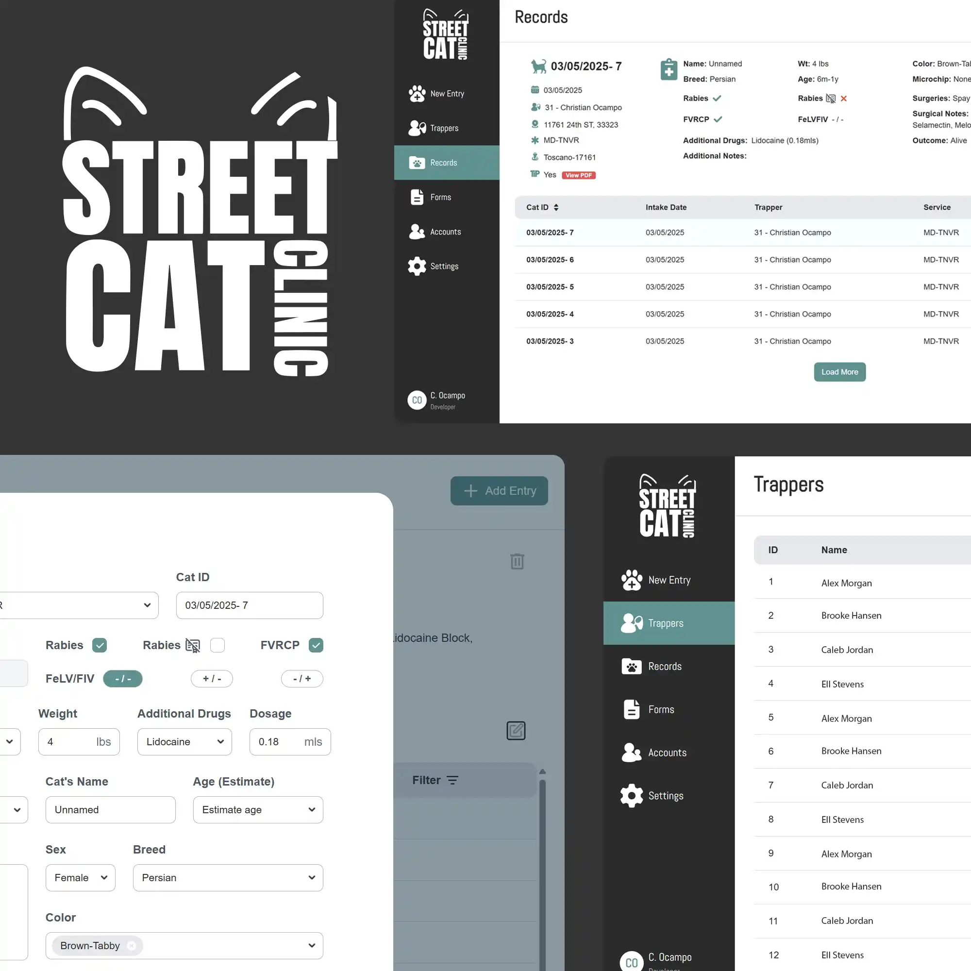 Street Cat Clinic records dashboard, new-entry form, and trappers list